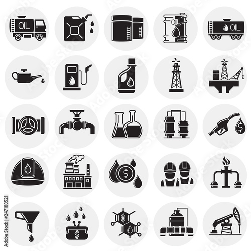 Oil industry icon set on circles background for graphic and web design, Modern simple vector sign. Internet concept. Trendy symbol for website design web button or mobile app