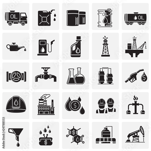 Oil industry icon set on squares background for graphic and web design, Modern simple vector sign. Internet concept. Trendy symbol for website design web button or mobile app