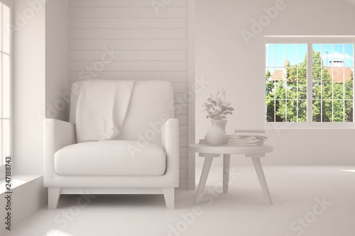 Stylish room in white color with armchair and green landscape in window. Scandinavian interior design. 3D illustration © AntonSh