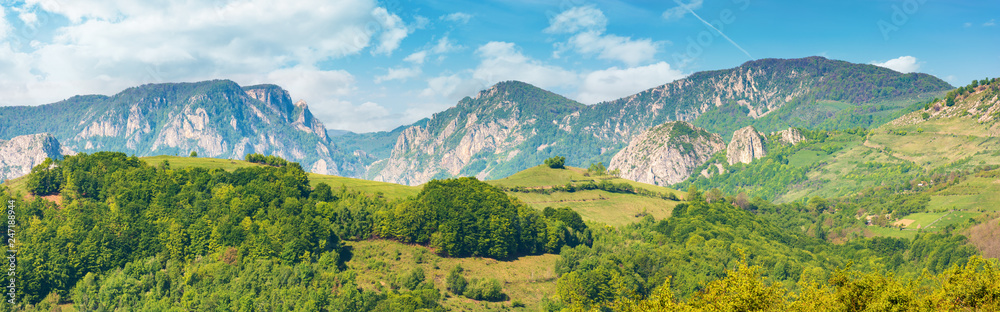 gorgeous panorama of countryside in springtime. beautiful landscape of romania. rural area on the near hills. distant ridge with rocks, cliffs and gorge. wonderful sunny forenoon gorgeous panorama of countryside in springtime. beautiful landscape of romania. rural area on the near hills. distant ridge with rocks, cliffs and gorge. wonderful sunny forenoon