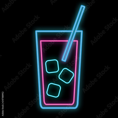 A simple abstract neon bright glowing glowing blue violet icon, a sign for the bar of a cocktail with ice in a tall glass with a straw and copy space on a black background. Vector
