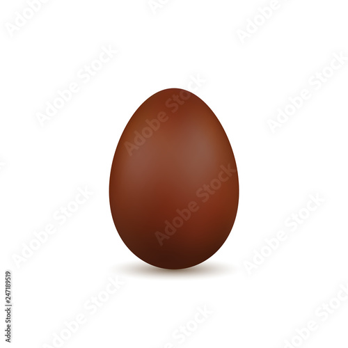 Easter egg 3d. Chocolate brown egg, isolated white background. Traditional sweet candy dessert, decoration Happy Easter celebration. Design element spring holiday, greeting. Vector illustration
