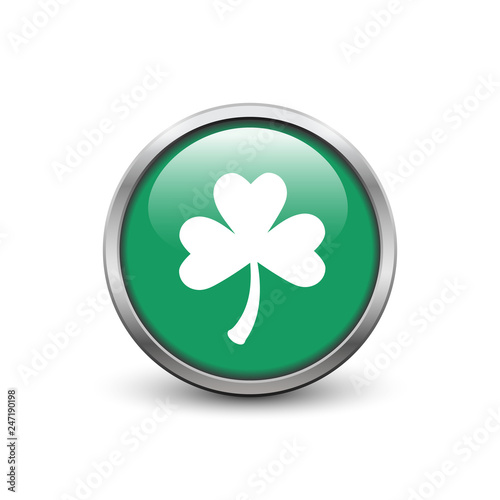 Green button with white three leaf clover, metal frame and shadow. St. Patricks Day symbol.