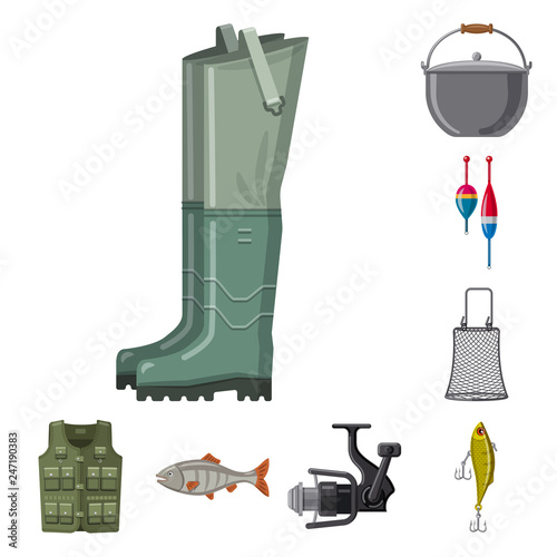 Vector illustration of fish and fishing icon. Set of fish and equipment stock vector illustration.