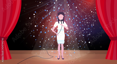 woman singer with microphone performing on concert scene stage colorful glitter lights red curtains horizontal female cartoon character full length flat