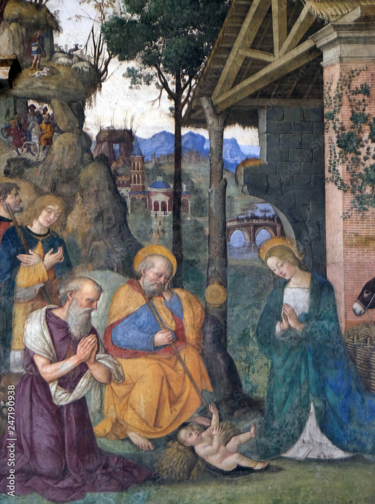 Naklejka premium Fresk Narodzenia ze św. Hieronima autorstwa Bernardino Pinturicchio (1488 - 1490) w kaplicy Rovere w kościele Santa Maria del Popolo, Rzym, Włochy