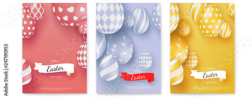 Set of vector posters for Happy Easter holidays. Creative banner in trendy minimalistic mono colors. Vintage ribbon with design of greetings text. Easter eggs in modern three-dimensional style
