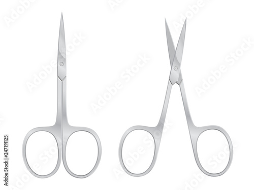 Open and closed nail scissors isolated on white background. Cosmetic equipment for manicure and pedicure. Vector Illustration