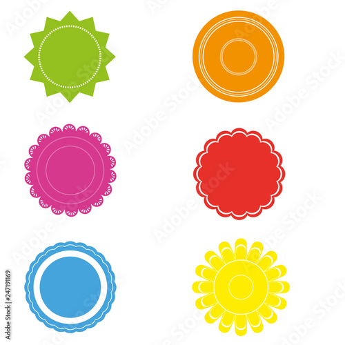 brightly colored labels in different shapes