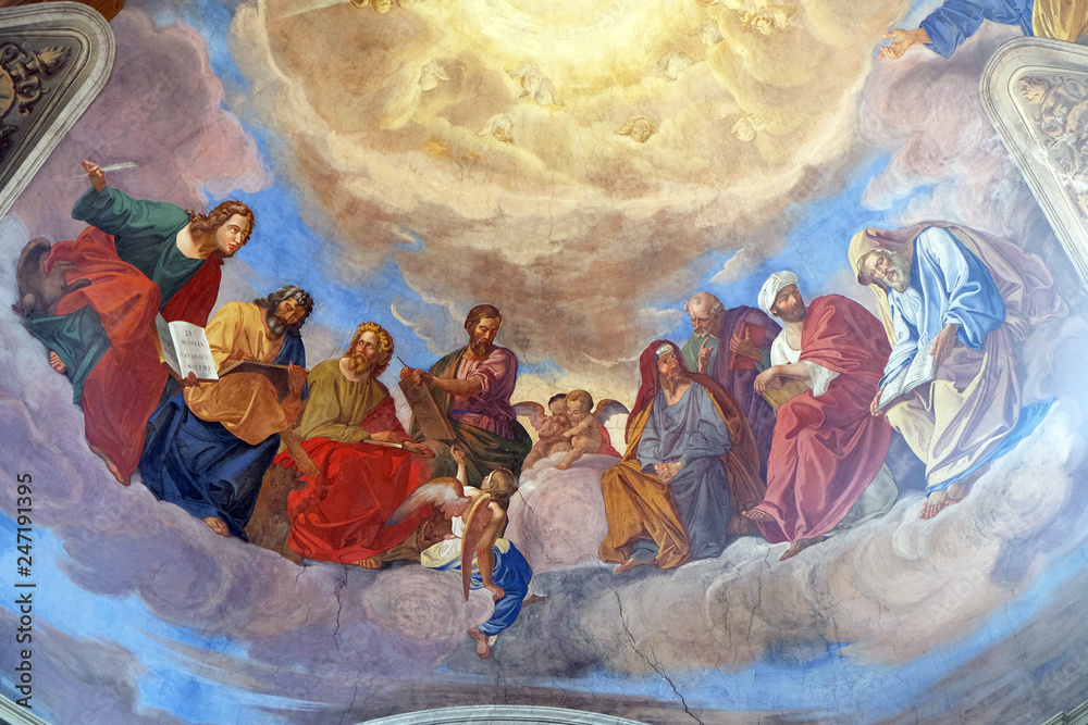 The evangelists and prophets detail of frescoes Apotheosis of St James by Silverio Capparoni on the ceiling of the Church San Giacomo in Augusta in Rome, Italy 