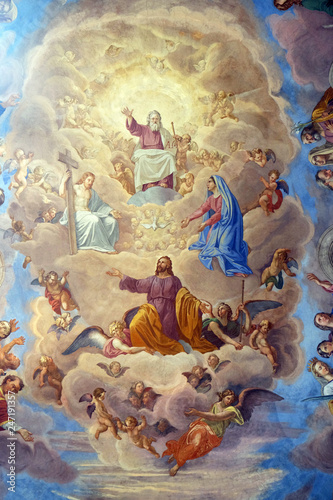 Apotheosis of St James by Silverio Capparoni fresco on the ceiling of the Church San Giacomo in Augusta in Rome, Italy