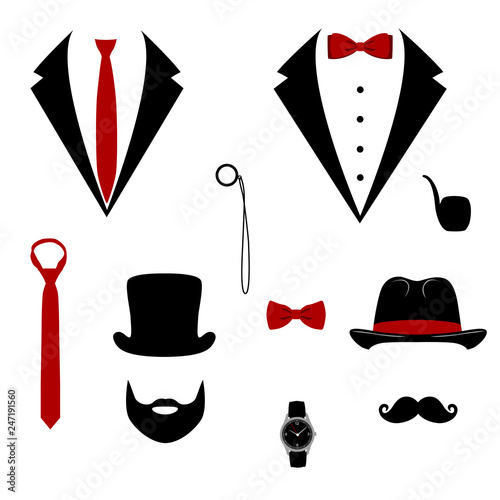 Men s tuxedo. Mustache, monocle, beard, pipe and top hat.