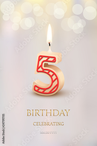 Burning number 5 birthday candle with birthday celebration text on light blurred background. Vector fifth birthday invitation template.