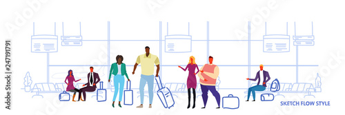 business people travelers standing in airport waiting hall departure lounge interior mix race passengers waiting with baggage sketch flow style horizontal