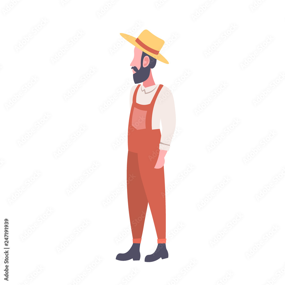 bearded farmer wearing uniform and hat country man standing pose male cartoon character full length flat isolated