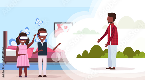 boy and girl wearing digital glasses virtual reality father spreading arms ready to hug african american man standing outdoor vr vision headset concept horizontal flat