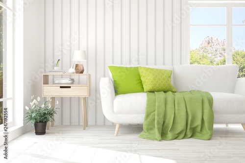 White stylish minimalist room with sofa. Scandinavian interior design. 3D illustration