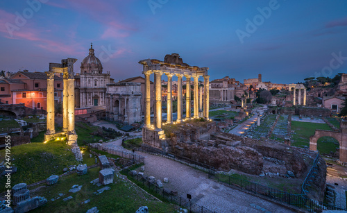 Roman Forum and Colosseum at sunset as seen from the Campidoglio Hill, Rome, Italy.