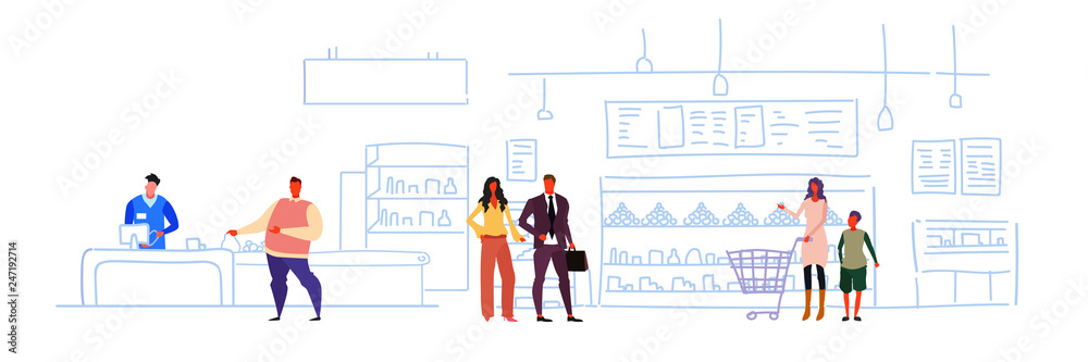 big grocery shop super market shopping mall interior customers buying products sales woman cash desk sketch flow style horizontal big grocery shop super market shopping mall interior customers buying products sales woman cash desk sketch flow style horizontal