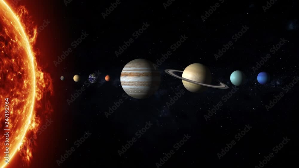 Our solar system consists of an average star the Sun, the planets Mercury, Venus, Earth, Mars, Jupiter, Saturn, Uranus, Neptune, and Pluto with stars of the milky way galaxy on background