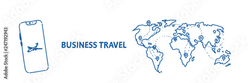 mobile application business travel concept tourism company agency world map with pins international traveling by plane sketch flow style horizontal