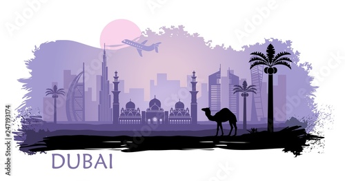 Stylized kyline of Dubai with camel and date palm with spots and splashes of paint. United Arab Emirates