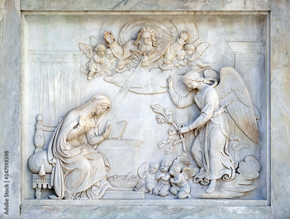 Annunciation of the Virgin Mary on the Column of the Immaculate Conception on Piazza Mignanelli in Rome, Italy 
