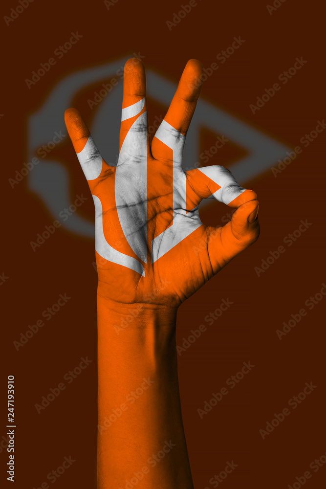 Hand making Ok sign, Antarctica flag painted as symbol of best quality, positivity and success - isolated on flag background
