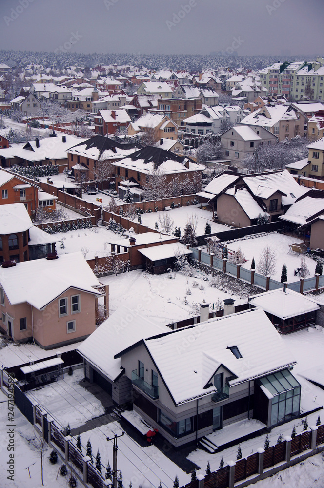 roofs of houses in winter panoramic view