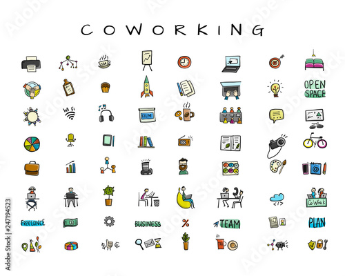 People in coworking office, icons set for your design