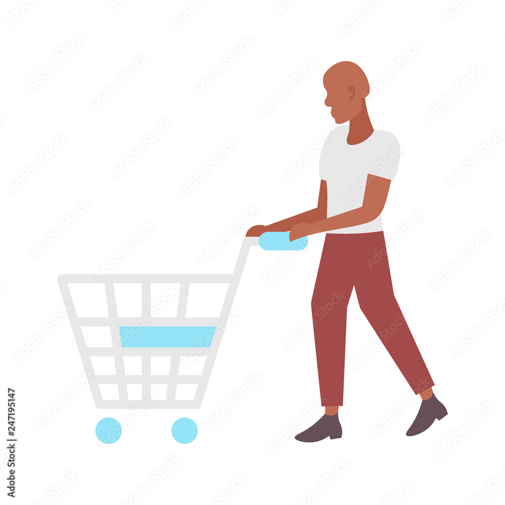 man pushing empty trolley cart african american guy customer shopping concept male cartoon character full length flat isolated man pushing empty trolley cart african american guy customer shopping concept male cartoon character full length flat isolated