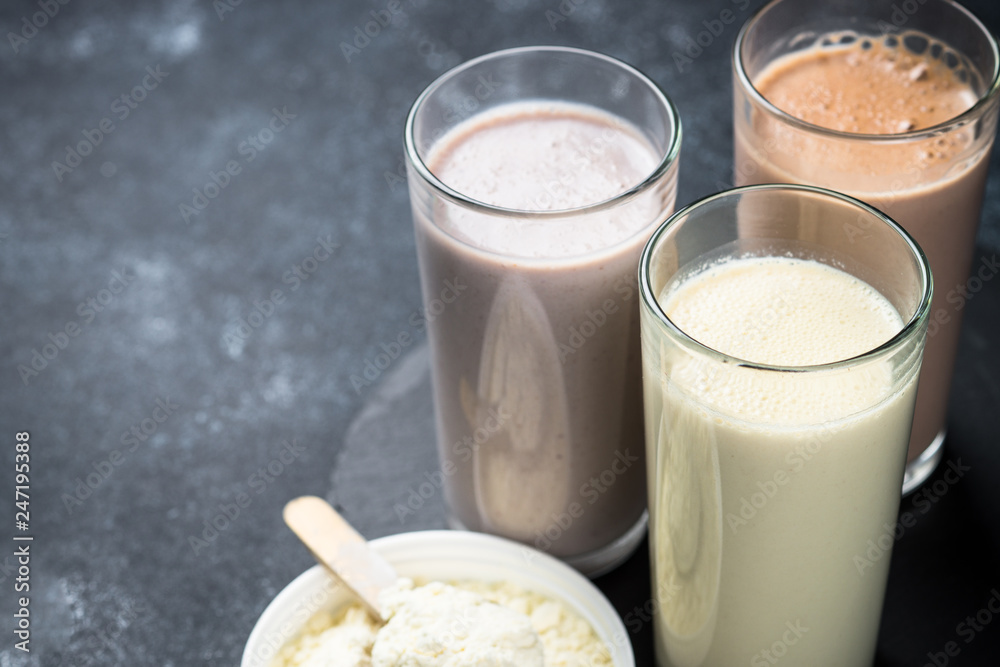 Protein cocktails in glasses, sport nutrition. Protein cocktails in glasses, sport nutrition.