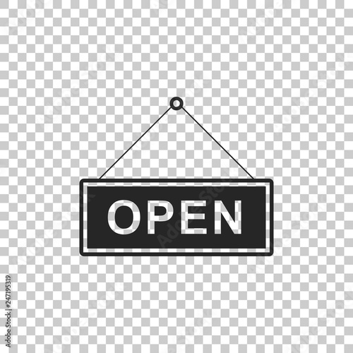 Hanging sign with text Open door icon isolated on transparent background. Flat design. Vector Illustration