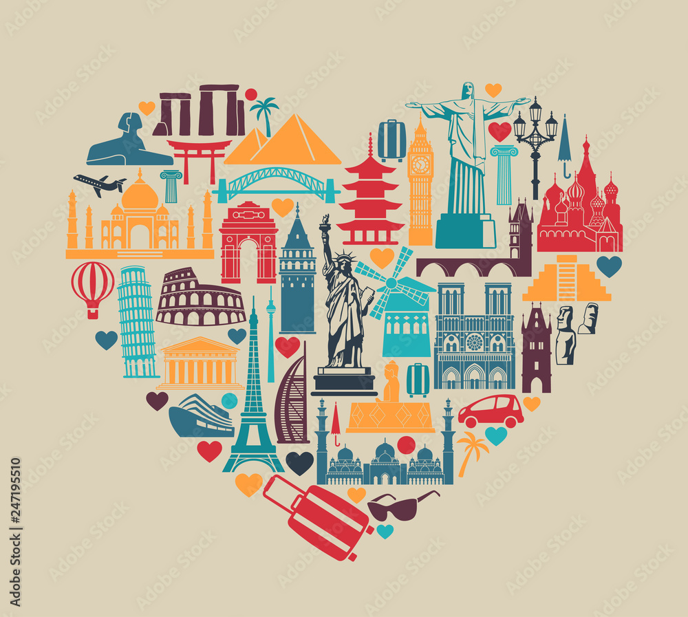 Heart of symbols Icons world tourist attractions and architectural landmarks