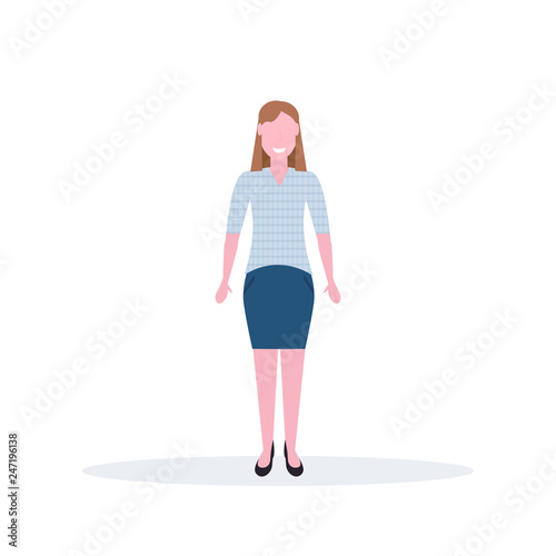 businesswoman standing pose happy brown hair woman office worker female cartoon character full length flat isolated