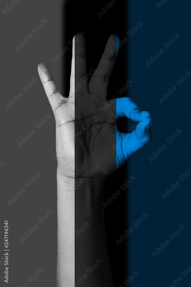 Hand making Ok sign, Estonia flag painted as symbol of best quality, positivity and success - isolated on flag background Hand making Ok sign, Estonia flag painted as symbol of best quality, positivity and success - isolated on flag background