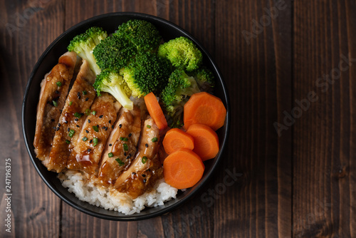 Photography Japanese Food Style : Top view of Homemade Chicken Teriyaki grilled with rice ,