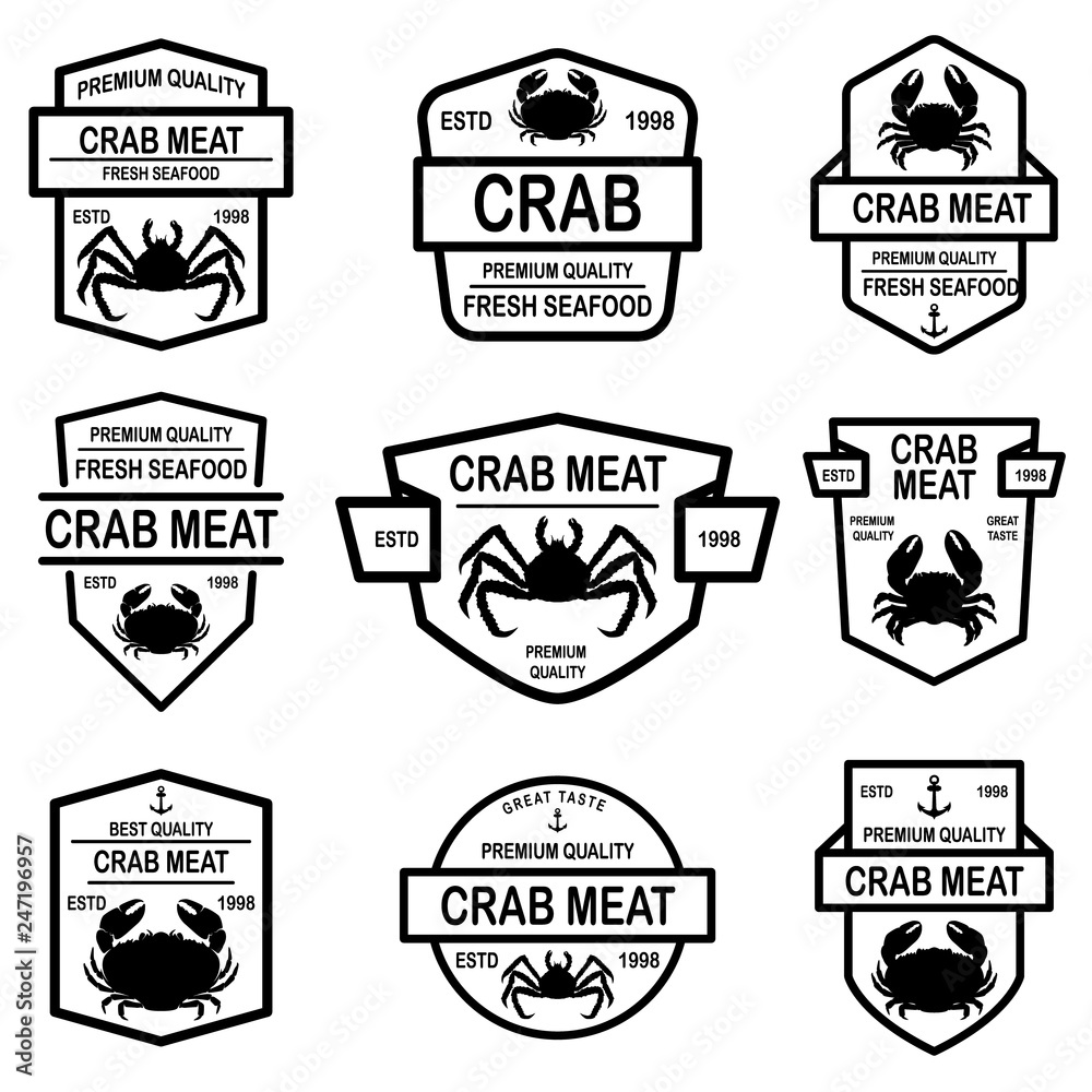 Set of crab meat emblems. Design element for logo, label, sign, poster, t shirt.