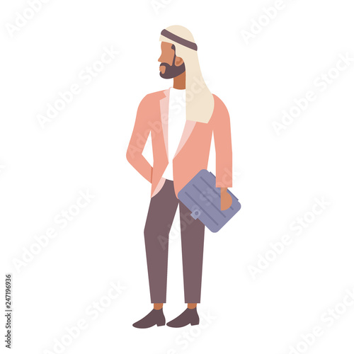 arabic man holding tablet arab businessman wearing traditional clothes male cartoon character full length flat isolated