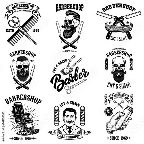 Set of vintage barber shop emblems, badges and design elements.  for logo, label, sign.
