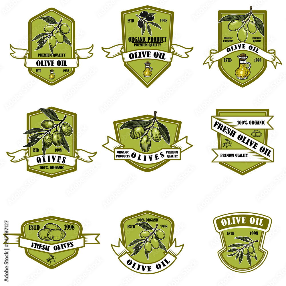 Set of vintage olive oil emblems. Design element for logo, label, sign, poster, t shirt.
