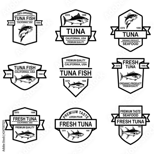 Set of seafood tuna labels. Design element for logo, emblem, sign, poster.