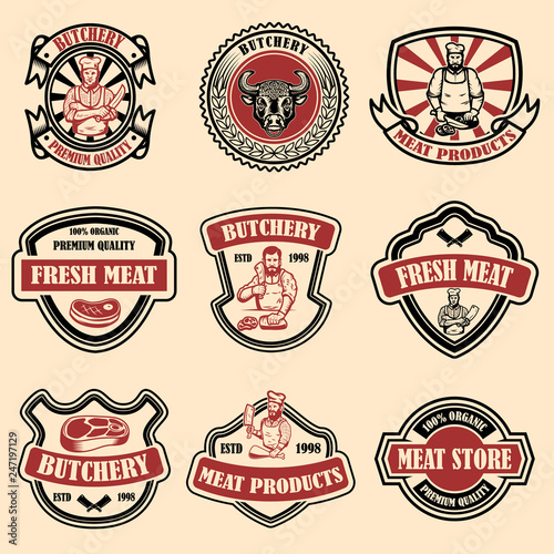 Set of vintage meat store labels. Design element for logo, emblem, sign, poster.