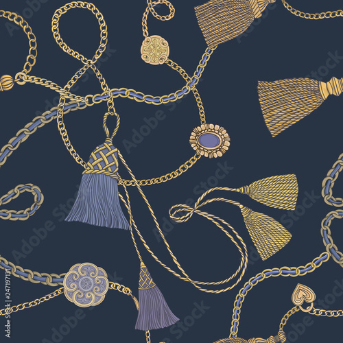 Print with gold chains and tassels. Vector seamless pattern. Baroque print.