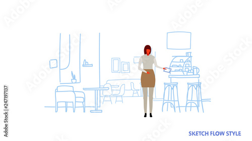 woman waitress holding order modern restaurant interior female character full length sketch flow style horizontal