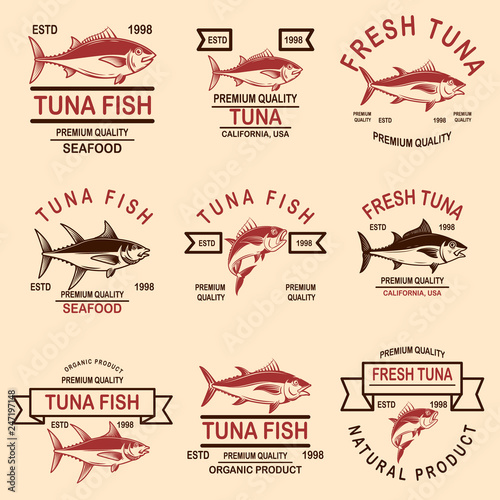 Set of seafood tuna labels. Design element for logo, emblem, sign, poster.