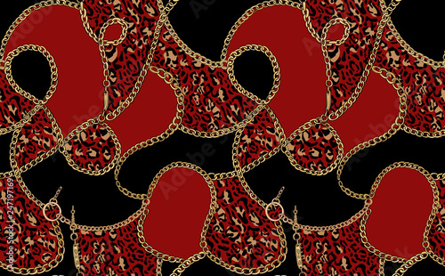 Gold chains and animal print. Vector seamless pattern.