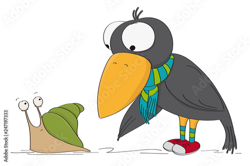 Funny illustration of a black bird pointing his wing at a frightened little snail, who is wondering how to escape - original hand drawn illustration photo