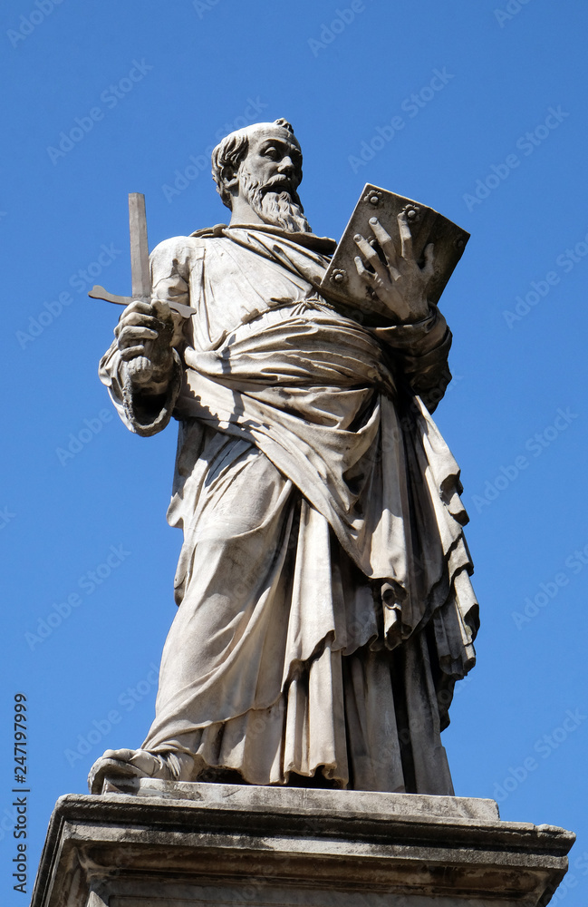 Statue of Apostle saint Paul on the Ponte Sant Angelo in Rome, Italy 