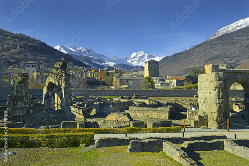 Aosta, Italy. Remains of Roman buildings in the old town of Aosta. On the Aosta has survived a number of important Roman monuments
